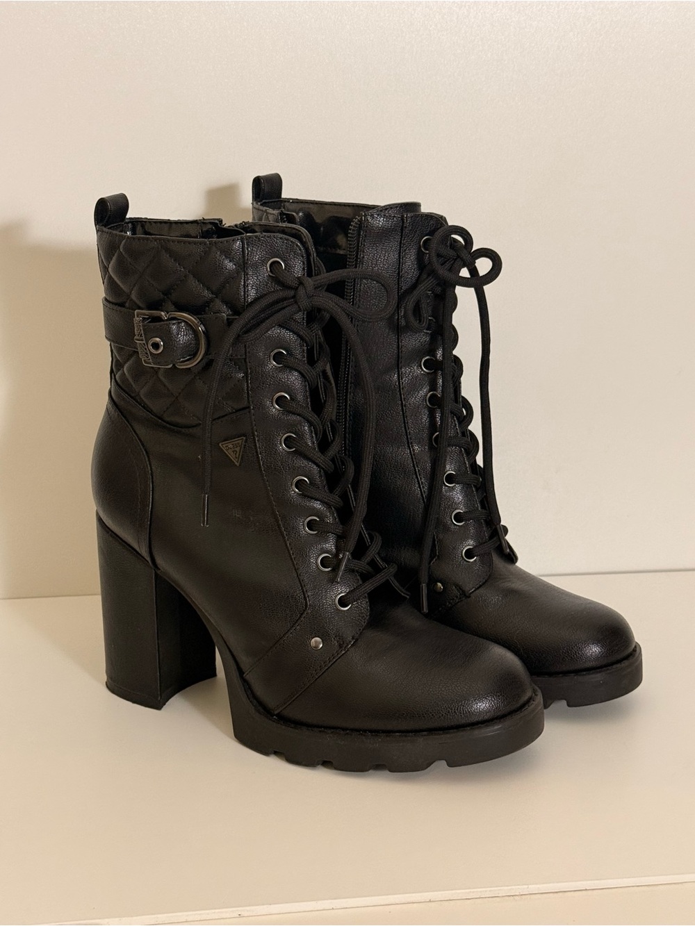 Guess Black Quilted Lace-Up Block Heel Ankle Boots
